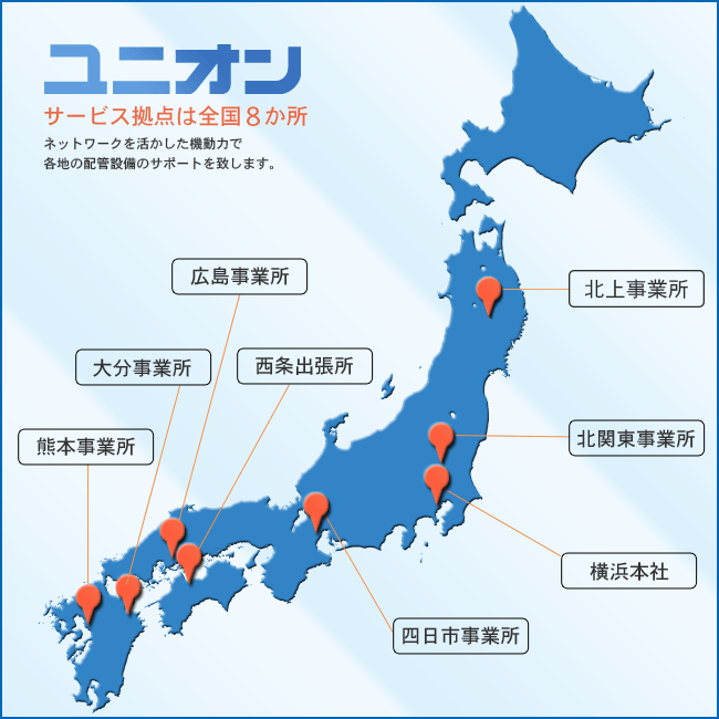 ユニオンのサービス拠点は横浜・岩手・北関東（群馬）・三重（四日市）・広島・愛媛（西条）・大分・熊本の全国8か所